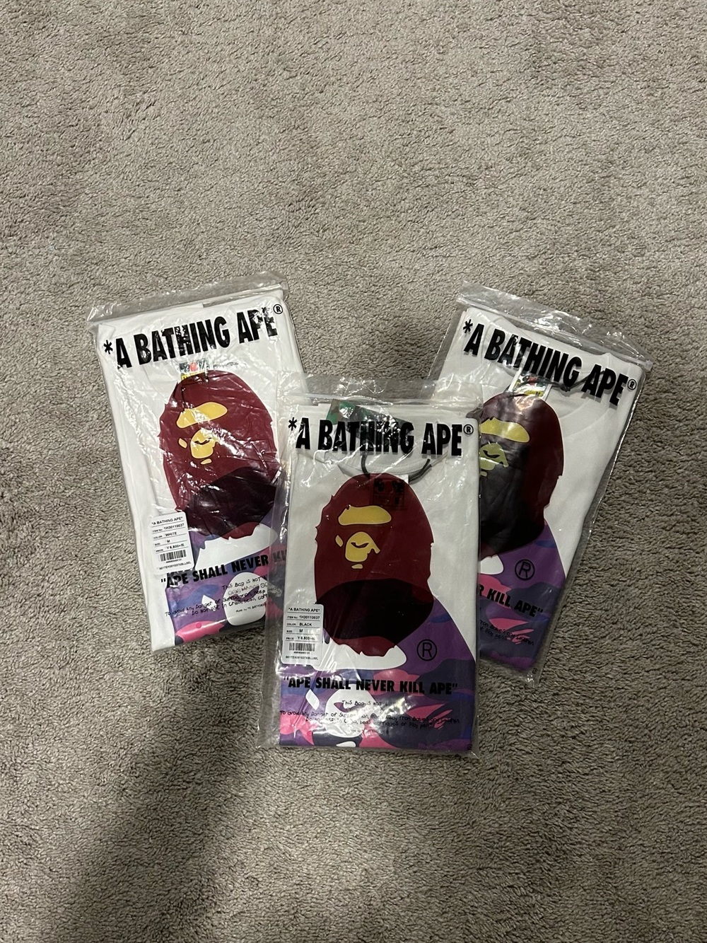 Set of 3 White and Purple B A P E shirts